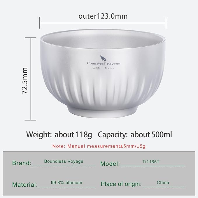 iBasingo 500ml Titanium Bowl Double Walled Oatmeal Food Rice Soup Bowl Ultralight Portable Tableware Outdoor Camping Metal Bowl Ti1165T