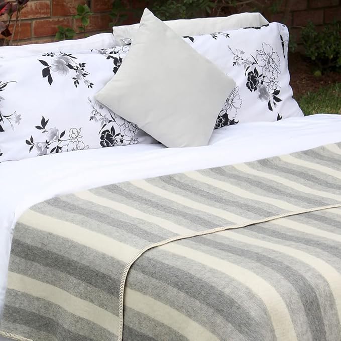 Thick Alpaca Wool Blanket Heavyweight Camping Outdoors Indoors Soft Peru Twin Size Stripes Design (Soft Gray/Ivory 2, Twin Size)