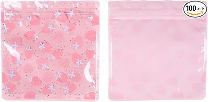 QQ Studio 100 PCS Clear Print Poly Plastic Color Empty Hangover Starter Kit with Resealable Zipper Seal Lock (Strawberry, 5.12 inch x 5.12 inch)