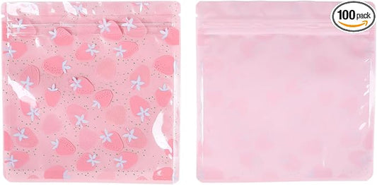 QQ Studio 100 PCS Clear Print Poly Plastic Color Empty Hangover Starter Kit with Resealable Zipper Seal Lock (Strawberry, 5.12 inch x 5.12 inch)
