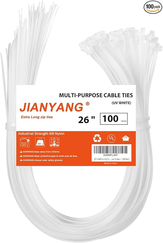 26 Inch White Long Zip Ties,60 LBS Tensile Strength Heavy Duty Large Cable Wire Ties With Self-Locking Adjustable More Durable Nylon Tie Wraps for Indoor Outdoor（100 Pack）