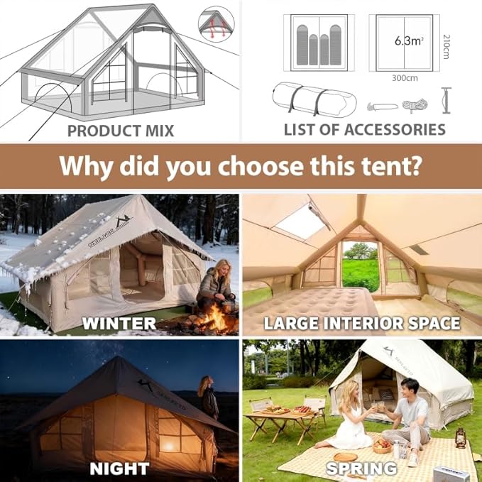 Inflatable Camping Tents 8-10 Person,129 Square Feets Large Inflatable Camping Tent with Stove Jack,Blow up Tent with Mesh Windows & Pump