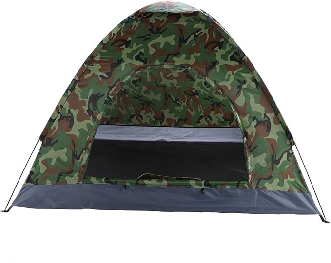 Camouflage 4 Person Camping Dome Tent, Pop-Up Tent with 180T Silver Coated Polyester, Waterproof Nylon Oxford, Fiberglass Poles, for Outdoor Hiking, Fishing, and Camping