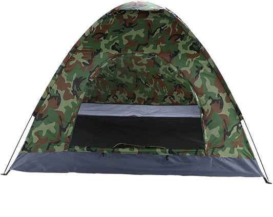 Camouflage 4 Person Camping Dome Tent, Pop-Up Tent with 180T Silver Coated Polyester, Waterproof Nylon Oxford, Fiberglass Poles, for Outdoor Hiking, Fishing, and Camping