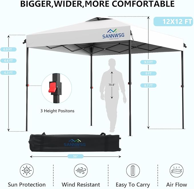 12X12 Pop Up Canopy Tent with 3 Sidewalls,Easy Up Canopy,Commercial Instant Shelter,Heavy Duty One Person Set Up Event Tent,White