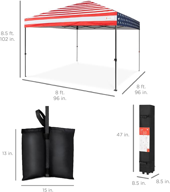Best Choice Products 8x8ft Pop Up Canopy Tent, Outdoor Shade, 1 Person 1 Minute Set Up, Carry Case, 4 Weight Bags - American Flag