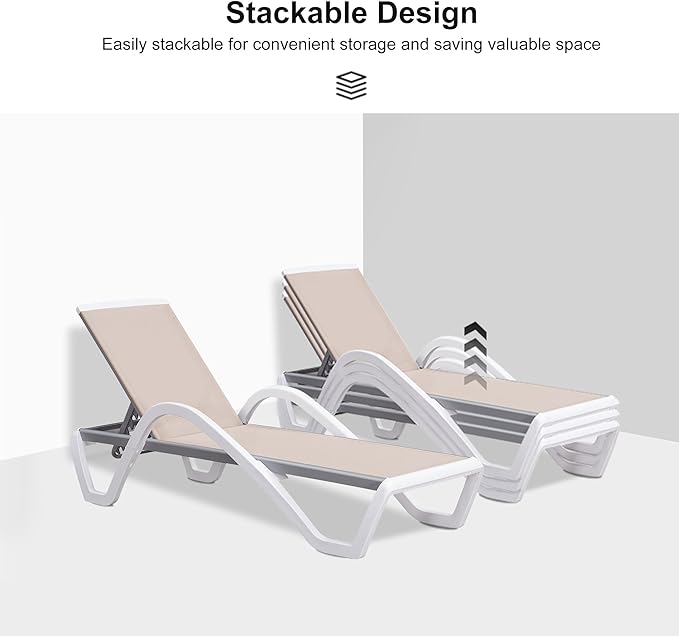 PURPLE LEAF Patio Chaise Lounge Chair Set Outside Aluminum Plastic Stackable Tanning Chairs with Armrests and Side Table for Pool Sunbathing Beach Deck Outdoor Lounger, Beige
