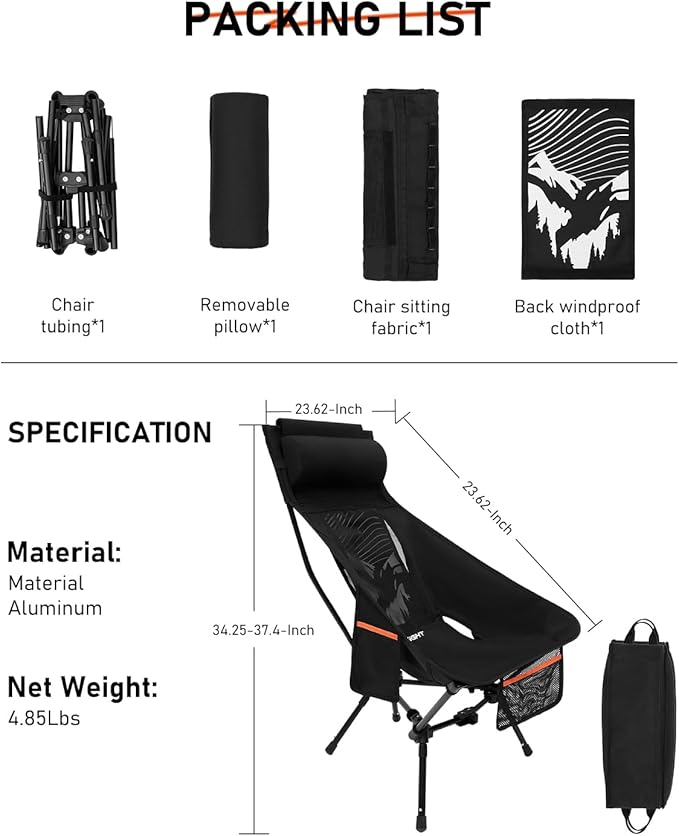 NOVSIGHT Camping Chairs - Folding Portable Camp Chair, High Back Camping Chair with Headrest, Outdoor Comfortable Camping Chair for Adults Hiking Backpacking