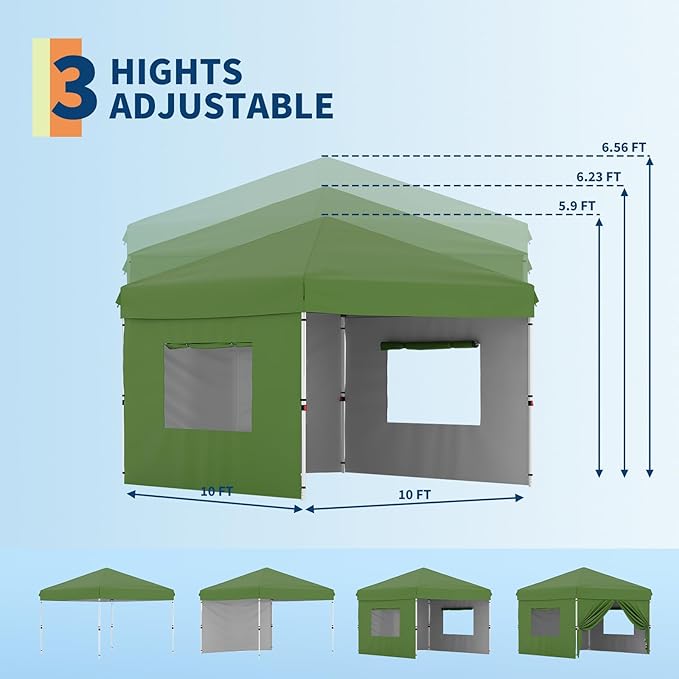 10x10 Pop Up Canopy Tent Outdoor Canopy with 3 Removable Sidewalls One-Person Set Up Heavy Duty Commercial Instant Tent Shelter-Green