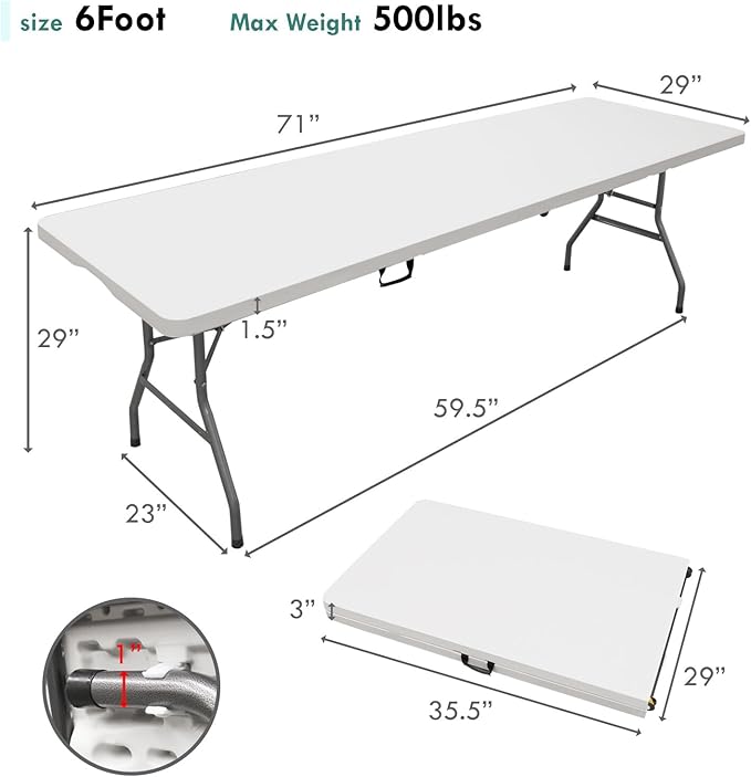 AJP Distributors 6 Foot Portable Plastic Folding Table 6FT 72" Half Foldable Heavy Duty Top w/Carry Handle - Indoor Outdoor Backyard Camping Picnic BBQ Party Wedding Dining Office Event Meeting White