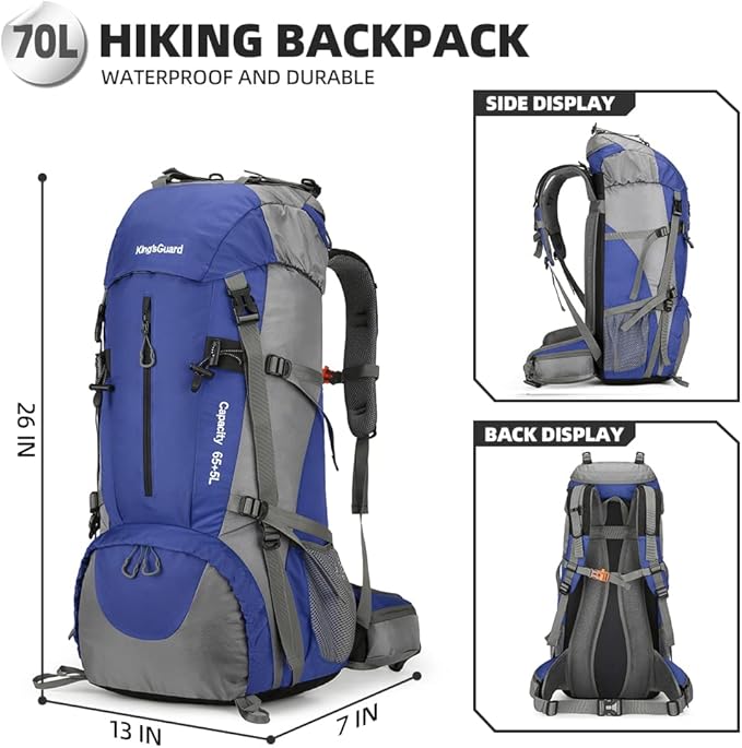 King'sGuard 70L Hiking Backpack with Rain Cover Lightweight Waterproof Travel Camping Backpack Large Backpacking Pack