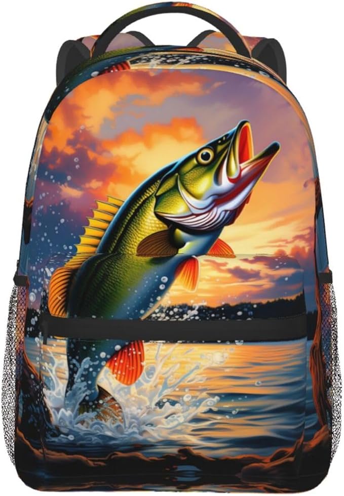 Lightweight Daypack Backpack for Sports Travel Running, Large Capacity Multipurpose Anti-Theft Bookbag, Fish Diving Good Luck Art Laptop Backpack Daypack