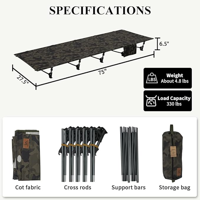 TOMOUNT Camping Cot Ultralight Folding Backpacking Cot Length 6.23ft, Width 2.3ft for Camping Hiking Camping Cots for Adults(Green)