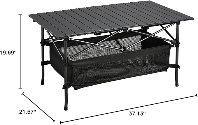 Lightweight Aluminum Folding Camping Table (37.13” x 21.57” x 19.69”), Portable Roll-Up Design for Outdoor, Camping, Beach, BBQ, Patio, and Picnic, Durable & Waterproof with Carrying Bag