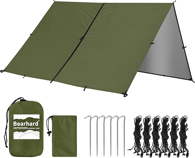 Bearhard Waterproof Camping Tarp, Lightweight Hammock Rain Fly, UV Protection and PU 3000mm Waterproof Backpacking Tarp, Tent Footprint or Shelter Kit for Hiking and Outdoor Adventure
