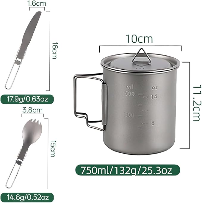 Titanium Camping Cookware 750ML Titanium Pot Kits with Camping Stove and Spork Portable Pot for Backpacking Hiking Traveling and Picnic