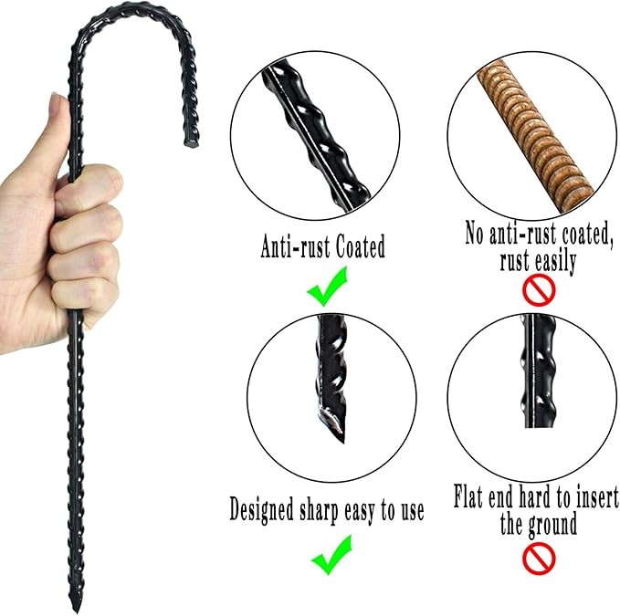 12 Inch Rebar Stakes Heavy Duty J Hook, Coated Steel Ground Stakes Tent Stakes Ground Anchors for Chain Link Fence Stakes and Trampoline Stakes (12)