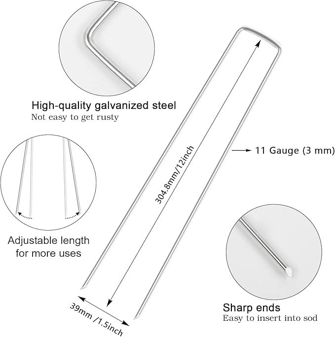FEED GARDEN 12 Inch 100 Pack Galvanized Landscape Staples 11 Gauge Anti-Rust Garden Stakes Landscaping Fabric SOD Pins Yard Stakes for Weed Barrier Fabric