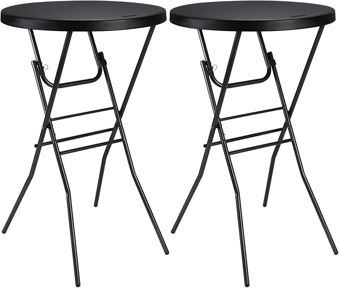 Cocktail Table 28in Folding Round High Top Indoor Outdoor with Removable Legs, Tall Bistro Foldable Bar Height Table for Parties, Patio, Backyard, Dining Room, Events, Black- 2PCS