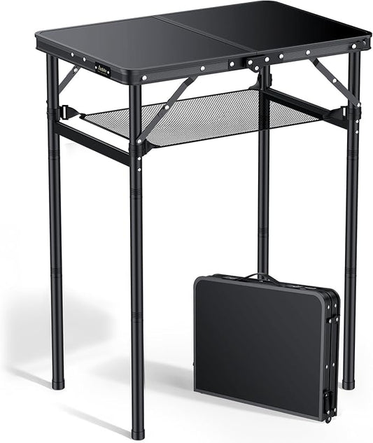 2ft Folding Camping Table Max 29.5" with Storage Net, 3 Adjustable Height Aluminum Small Folding Table, Portable Handle, Lightweight, for Travel Outdoor Beach Picnic Camp, 23.2" x 16", Black