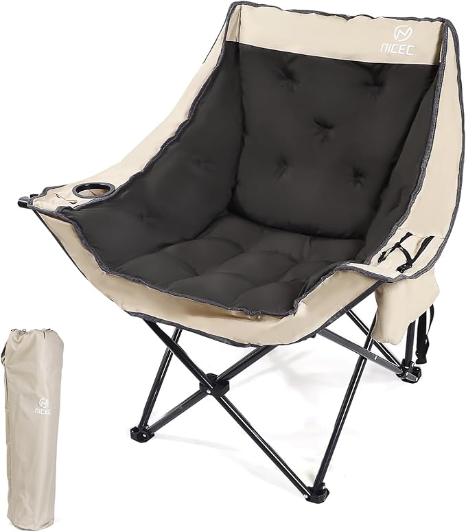 Nice C Padded Camping Chair, Oversized Camping Chairs, Oversized Thick Padded Folding Chairs, Outdoor Sports Chair, Heavy Duty, with Cooler Bag, Cup Holder, Side Pockets (1 Pack)