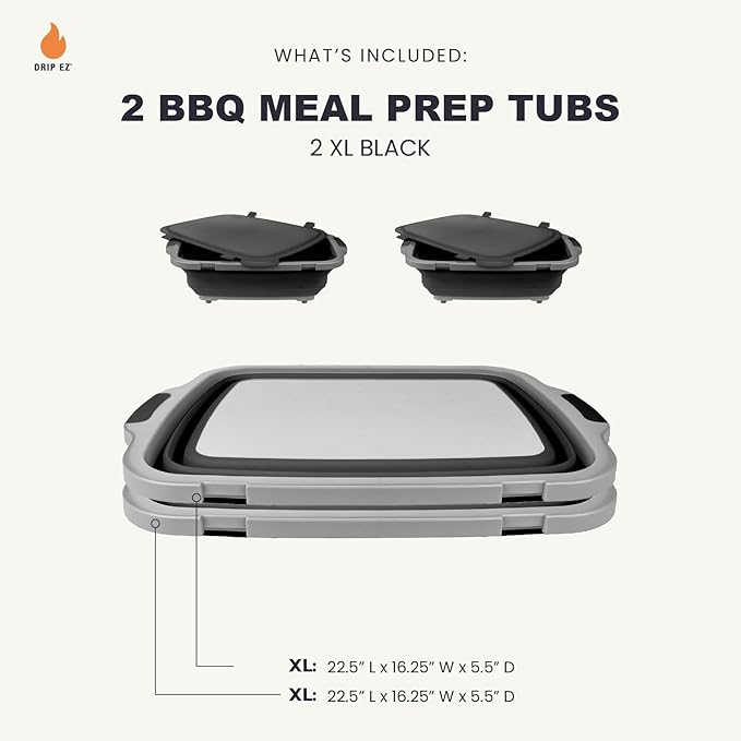 Drip EZ Collapsible BBQ Prep Tubs 2-Piece Set- For Meal Prep Marinating Food Storage - Includes Cutting Board & Lid - (2) XL - Black