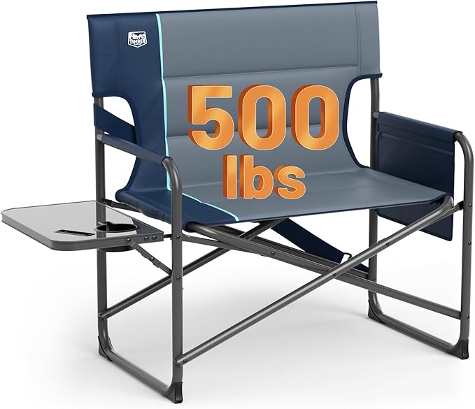 Timber Ridge XXL Director’s Chair – Heavy Duty Folding Chair with Side Table, 500 lb Capacity, Extra Wide Padded Seat for Camping, Sports, Beach, Patio, and Outdoor Use, Blue