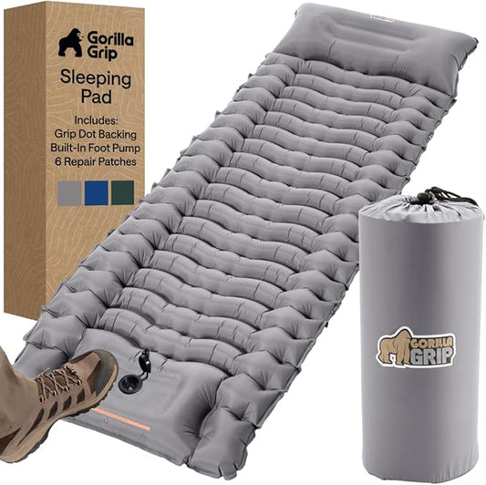 GORILLA GRIP Slip-Resistant Inflatable Sleeping Pad, Puncture Resistant Lightweight Camping Mattress, Foot Pump, Air Mats for Travel Backpacking, Inflating Bed Camp Sleep Pads for Tent, Gray