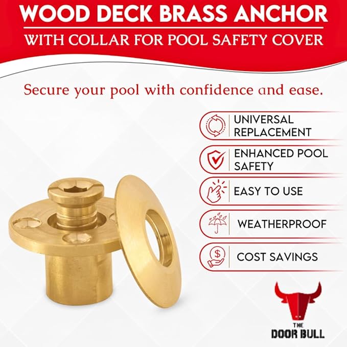 Wood Deck Brass Anchor with Collar for Pool Safety Cover. Universal Replacement for All Major Brand In-ground Swimming Pool Safety Covers (10 Pack)