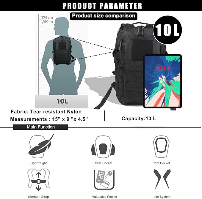12L Small Backpack Day Pack - Mini Tactical Backpacks Military Daypack Molle Bag Rucksack Bug Out Bag for Hiking (Grey)