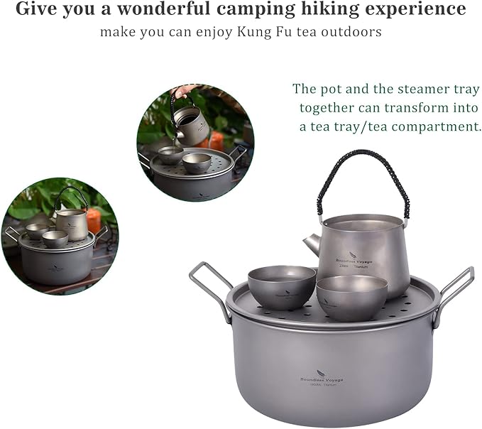 Boundless Voyage Multifunctional Titanium Steamer Pot with Frying Pan and Vented Lid Outdoor Camping Backpacking Kitchen