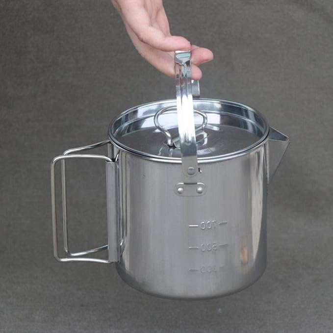 Pasamer 1.2L Camping Tea Kettle, Outdoors Camping Pot Portable Folding Hiking Pot Stainless Steel Kettle Cookware Coffee Tea Picnic Camping Pot with Lids for Hiking Backpacking Picnic, Silver
