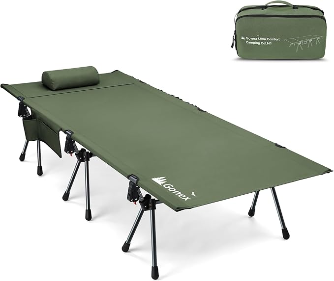Gonex 31.5" Extra Wide Camping Cot with Leg Extenders 2 in 1 Portable Folding Cot for Adults Height Adjustable Supports 350lbs Sleeping Bed for Backpacking Travel Beach Home (Army Green)