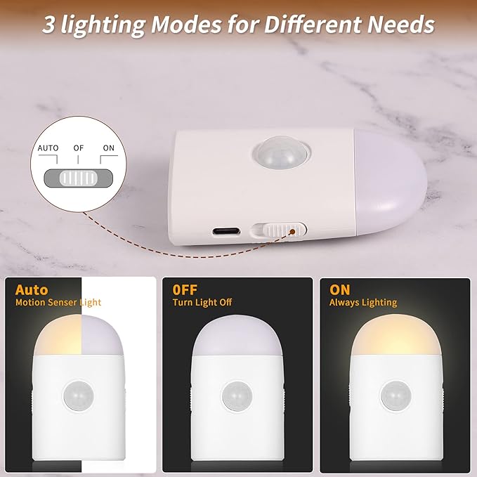 Motion Sensor LED Night Lights Warm White with Adjustable Brightness Rechargeable Battery, with Hook and Stick-On for Cabinet, Wardrobe,Closet,Hallway, Stairs (1 Pack)