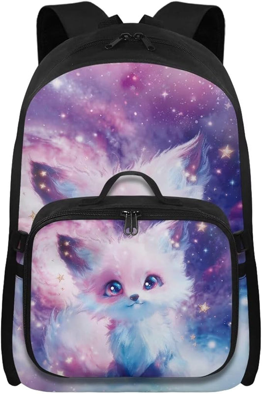 HUGS IDEA Cosmic Fox School Backpack for Girls 2 in 1 Kids Bookbag Set with Lunch Box for Preschool Kindergarten School Lightweight 17 Inch School Bag for Girls 4-6 Kids Travel Daypack