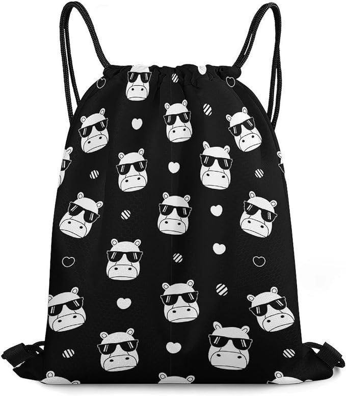Swimming Drawstring Sack Waterproof Gym Backpack for Beach Sports Yoga Gear, Lightweight Unisex, Hippo Hippopotamus Wearing Sunglasses Bags