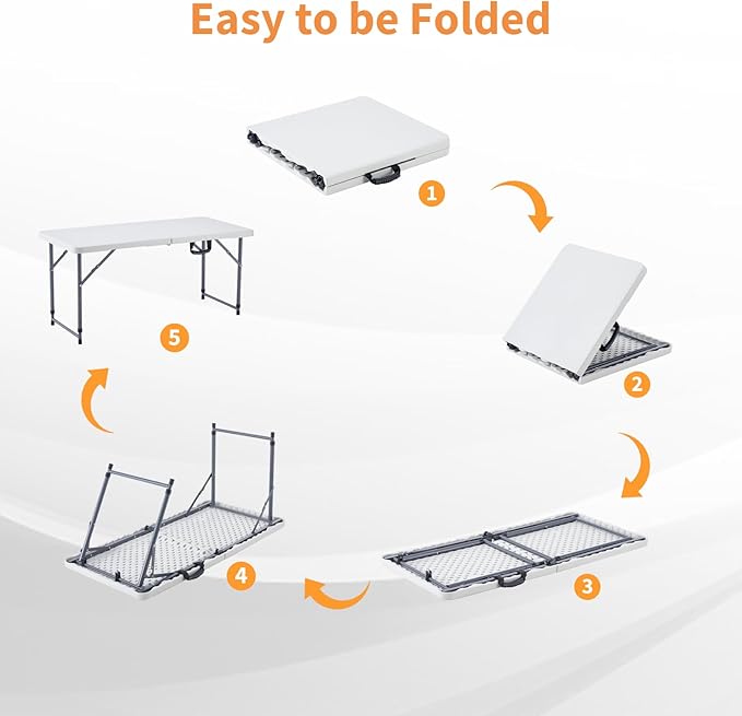 BOOSDEN 4 Foot Folding Table, Portable Rectangle Card Table, Indoor Outdoor Plastic Fold-in-Half Utility Table with Carrying Handle, Adjustable Height Foldable Tables for Picnic,Party,Camping,Office