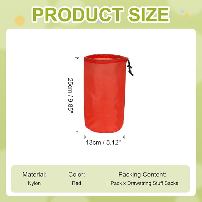 Stuff Sack, Nylon Waterproof Storage Sacks Portable Drawstring Dry Stuff Bag Gear Organization with Toggle, 5x10Inch Fit for Backpacking Camping Traveling Hiking(Red)