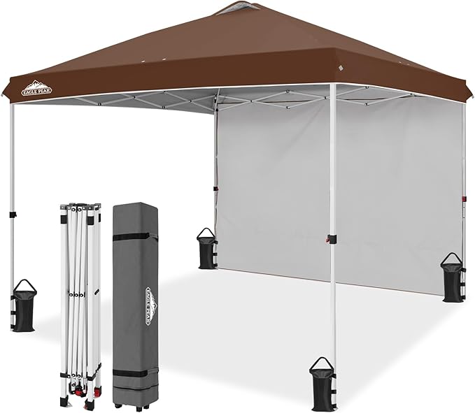 EAGLE PEAK Pop Up Canopy Tent with 1 Sidewall, Easy Setup Event Tent, Outdoor Sun Shade, Wheeled Carry Bag, Stakes and Guy Ropes, Instant Canopy 10x10, Dark Brown