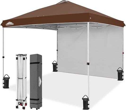 EAGLE PEAK Pop Up Canopy Tent with 1 Sidewall, Easy Setup Event Tent, Outdoor Sun Shade, Wheeled Carry Bag, Stakes and Guy Ropes, Instant Canopy 10x10, Dark Brown
