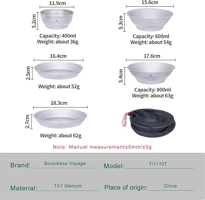 iBasingo Titanium Bowls Plates Set Single-Walled Rice Salad Mixing Bowls Dishes Ultralight Camping Dinnerware Outdoor Indoor Tableware Kitchen Utensils with Carry Bag Ti1110T