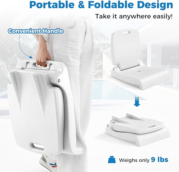 GYMAX Foldable Poolside Chairs for Edge of Pool, Portable Pool Chair with Handle, Drainage Hole, Lightweight Folding Flip Seat for Beaches, Camping, Fishing, Tailgating, Lawn (White,1)