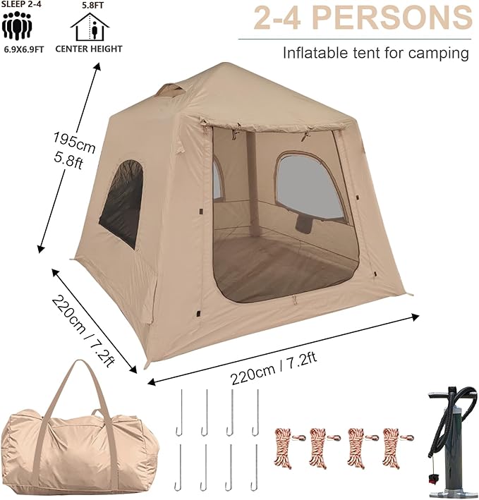 Inflatable Tents for Camping,2/4 Person Easy Setup Blow Up Tents for 4 Seasons Waterproof InflatableTent for Camping, Air Glamping Tents for Camping Adult