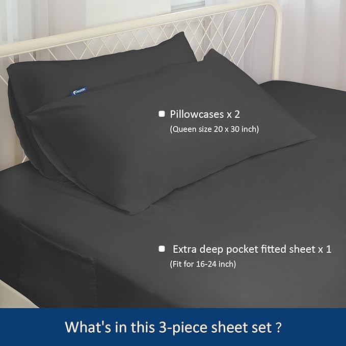 Deep Pocket Twin Sheets Set for Kids Air Mattress - Extra Deep Pocket Twin Sheet Sets - 3Pcs Side Storage Pocket Fitted Sheet & Pillowcases Easily Fits 16in to 24in Pillow Top Bed Mattress (Black)