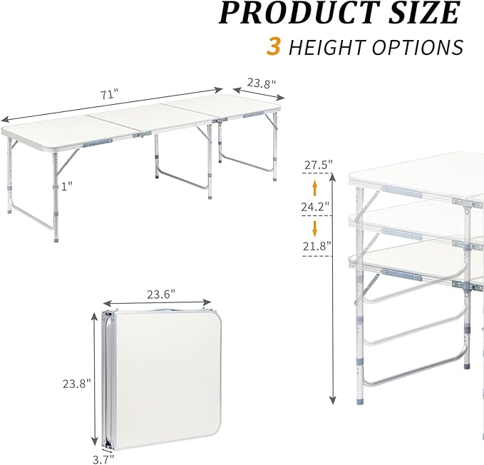 6.0 Ft Folding Portable Camping Table, Adjustable Height, Outdoor Waterproof Aluminum Lightweight Suitcase Table for Picnic, BBQ, Beach, Dining