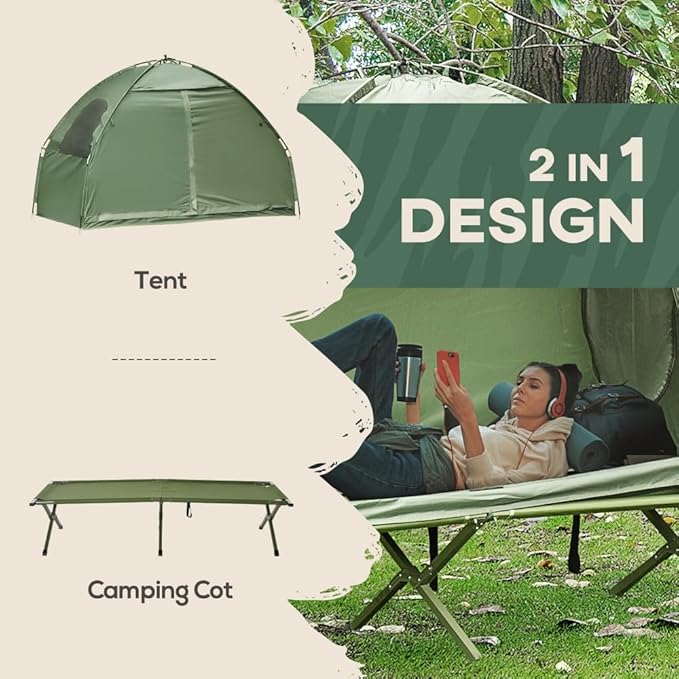 Portable Camping Cot for Adults,Folding Cot for Sleeping with Mattress, Elevated Tent and Sleeping Bag, Multifunctional Outdoor Tent Cot Bed 1 Person