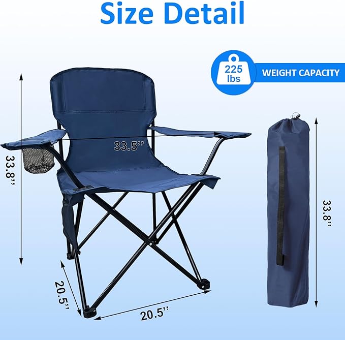 Folding Camping Chair, 225lb Capacity, Includes Cup Holder & Side Storage Bag, 5.5lbs Portable for Beach, Camping, Sport,2PCS Cyan