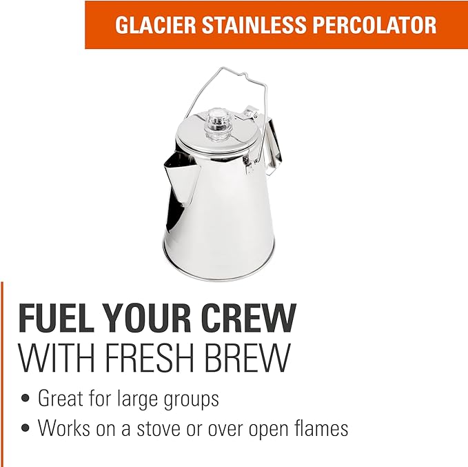 GSI Outdoors Percolator Coffee Pot I Glacier Stainless Steel Ultra-Rugged for Brewing Coffee Over Stove and Fire | Ideal for Group Camping, 14 Cup