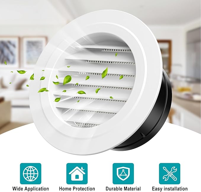 5 Inch Round Air Vent, HG Power ABS Louver Grille Cover with Built-in Screen Mesh, White Soffit Vent for Bathroom Office Kitchen Ventilation - Opening Size 4.56"