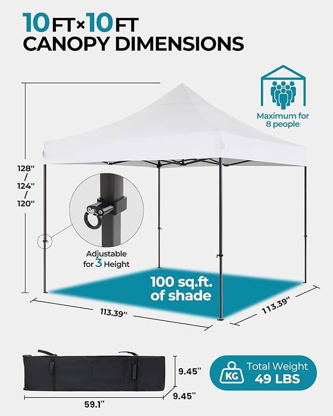10x10 Pop Up Canopy with Wheeled Bag, Commercial Portable Canopy Tent, Easy Set Up, 4 Stakes & 4Sandbags & 4 Ropes, Waterproof Outdoor Shelter for Market, Parties, White